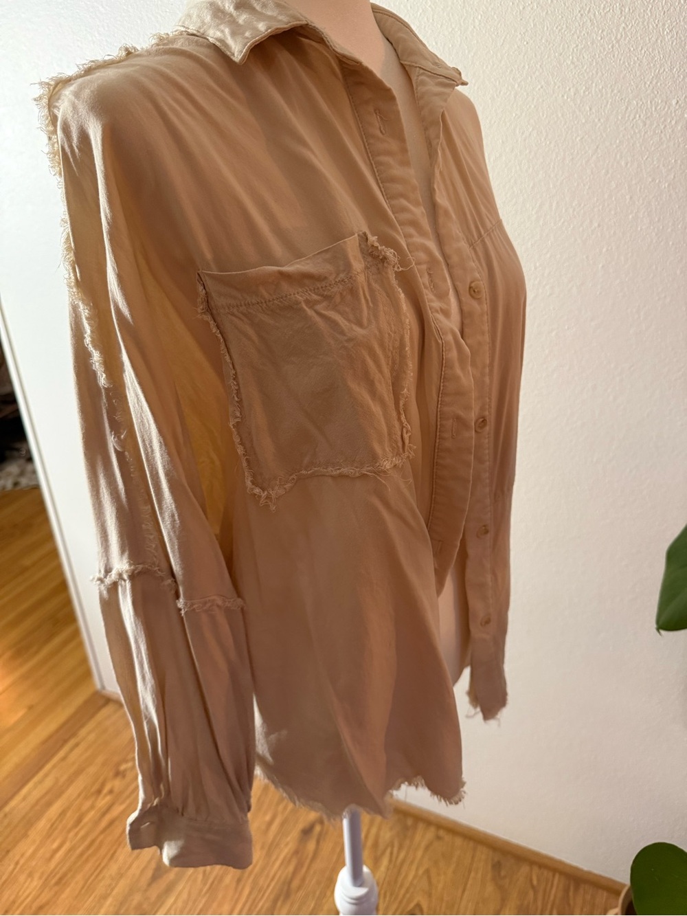 Light Beige Distressed Button-Up Shacket - Picture 2 of 5